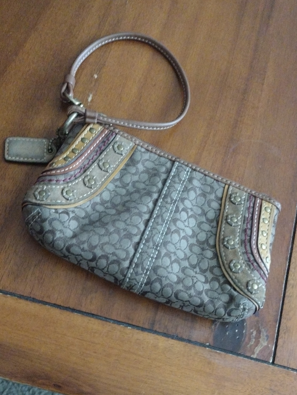 Coach Brown Signature Wristlet with Studded Trim